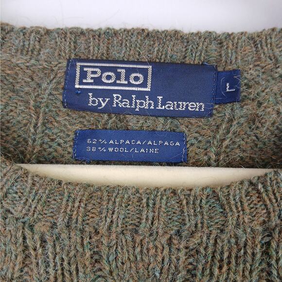 Polo Ralph Lauren VTG SZ L Alpaca Wool Blend Cable Knit Sweater Leather Elbows - Picture 5 of 5